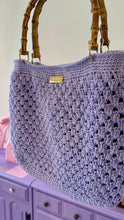 Load image into Gallery viewer, Bamboo bag for woman crocheted with lilac recycled cotton