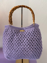 Load image into Gallery viewer, Bamboo bag for woman crocheted with lilac recycled cotton