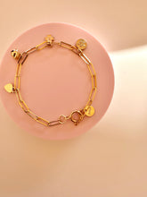 Load image into Gallery viewer, Gold plated bracelet for woman with clip chain and our charms: angel, heart, flower and bell