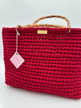 Load image into Gallery viewer, Woman burgundy bag handmade with recycled cotton and bamboo handles.