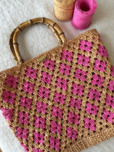 Load image into Gallery viewer, Bamboo Bag With Natural Raffia In Caramel And Pink - Jeleja