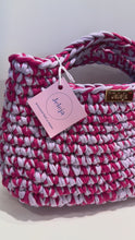 Load and play video in Gallery viewer, Crochet Bag With Lilac & Pink Recycled Cotton