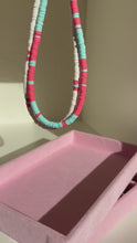 Load and play video in Gallery viewer, White, Raspberry And Light Blue Heishi Necklace - Choker