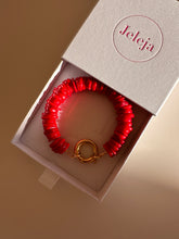 Load image into Gallery viewer, Red bamboo coral bracelet for woman with big gold plated closure
