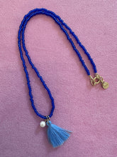 Load image into Gallery viewer, Blue Beaded Necklace With Light Blue Tassel and River Pearl as Pendants - Jeleja
