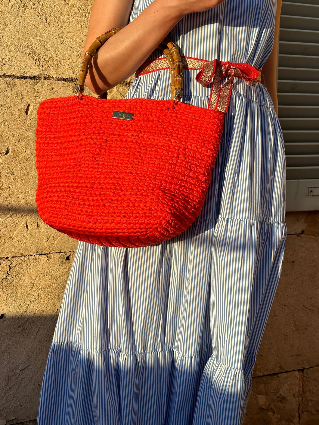 Handmade Bag With Coral Recycled Cotton And Bamboo Handles - Jeleja
