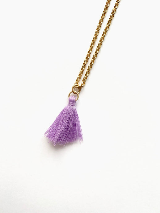 Long Necklace With Lilac Cotton Tassel Pendant. Gold Plated Nickel-Free Silver
