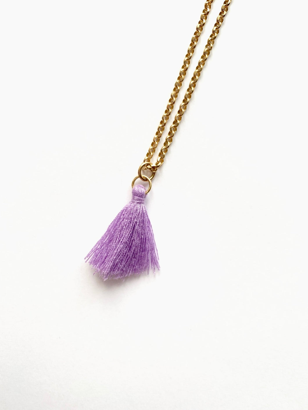 Long Necklace With Lilac Cotton Tassel Pendant. Gold Plated Nickel-Free Silver